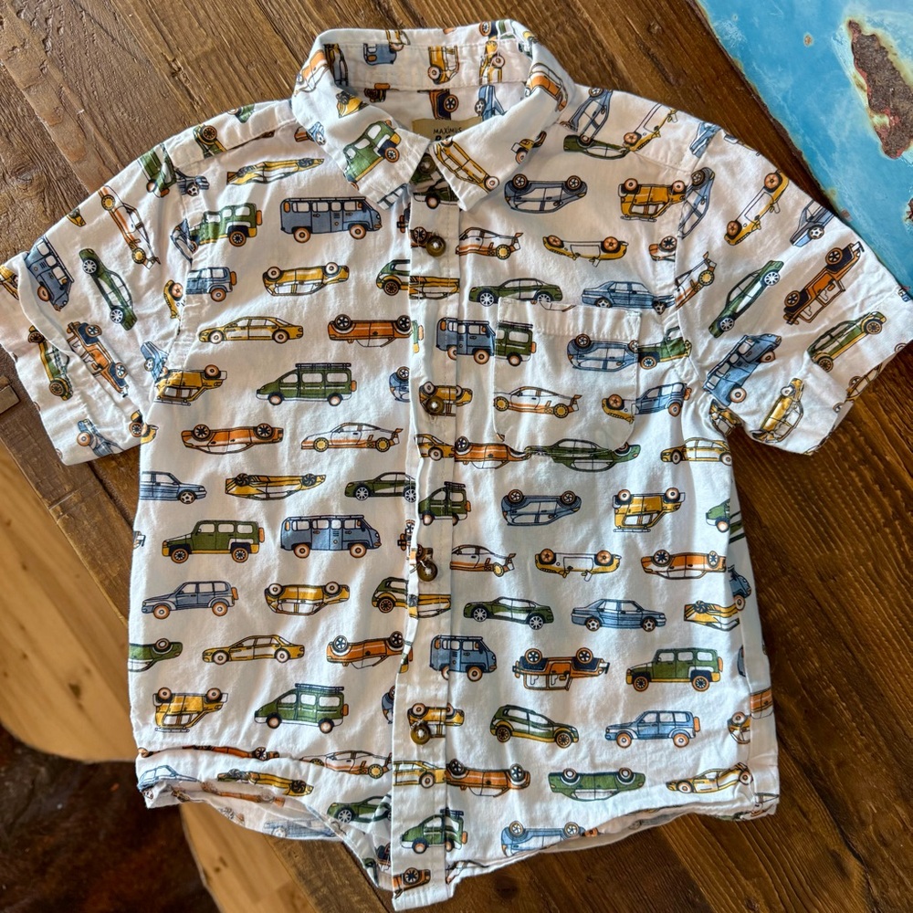 Kids' Maximus Rex Car Print White Button-Up Short Sleeve Shirt Boys Size 4T Cars